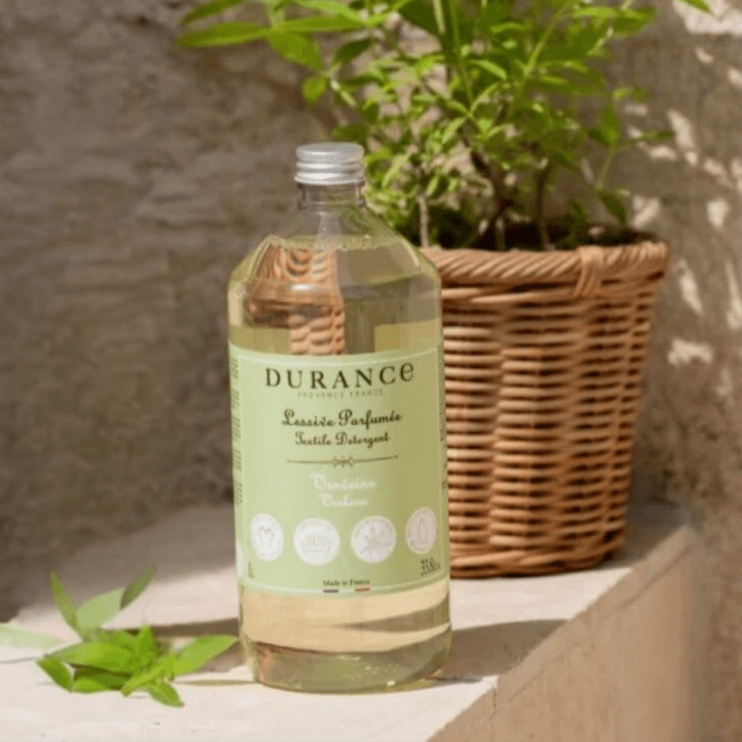 Durance Verbena Fabric Softener 1L bottle – phosphate-free French laundry softener with a fresh, citrus-green fragrance.