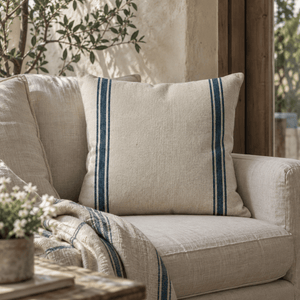Luberon Square French Grain Stripe Cushion - Navy Denim Stripe on arm chair.