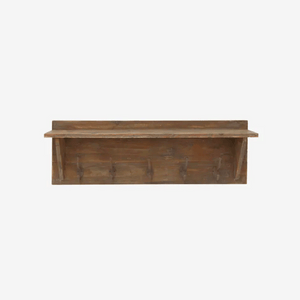 Close-up of rustic wooden shelf showing weathered finish, ledge and iron hooks.