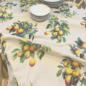 Close-up of lemon screen print on linen-cotton tablecloth