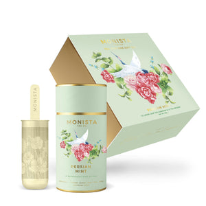 Monista Persian Mint tea set with packaging on a white background - Gold Tea Strainer