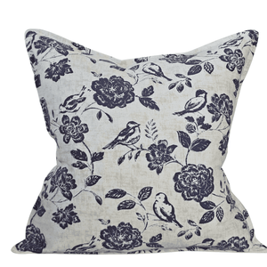 Oiseaux Botanique Linen Blend Cushion - Bleu