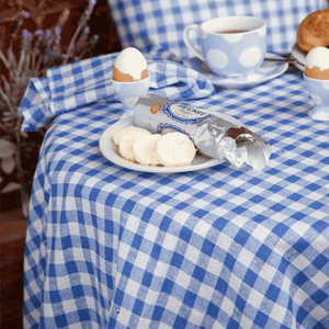 Provincial Blue Check Tablecloth styled for breakfast with eggs and tea – French country style