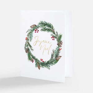 Joyeux Noël Christmas Wreath Card with gold lettering
