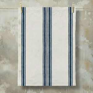 Avignon French grain stripe tea towel in natural and denim blue