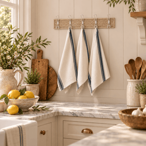 Luberon French country tea towel hanging in a kitchen