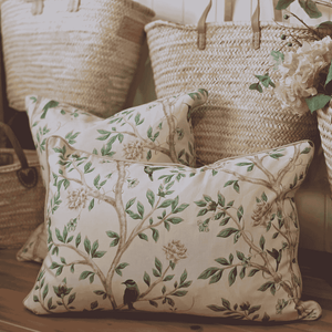 Beige and Green Cotton Linen rectangle cushion with hummingbirds