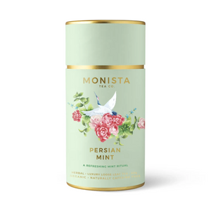 Monista Tea Co. Persian Mint tea canister with floral design on a white background