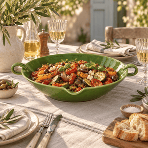 A green Provence serving bowl filled with roasted vegetables salad, set on an outdoor dining table with plates, glasses, bread, and olive oil.