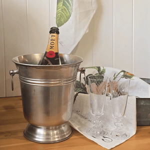 Close-up of hand-finished pewter Champagne Ice Bucket showing subtle patina and texture.