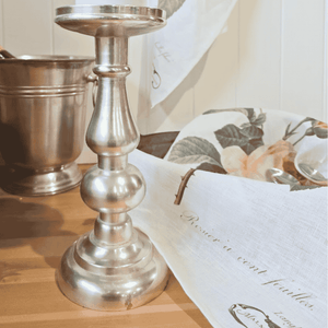 Pewter Candle Stick with Linen Tea Towel
