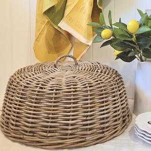 Provence Round Cloche – Handwoven Kubu Rattan Food Cover on French Country table