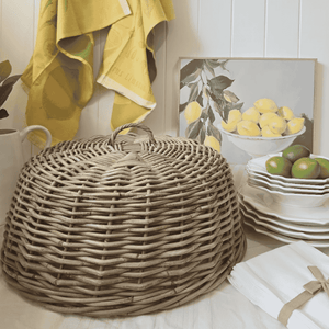 Provence Round Cloche – Handwoven Kubu Rattan Food Cover on French Country table
