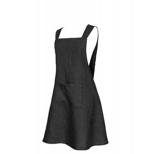 Black French Linen Apron with cross-back design and front pocket.