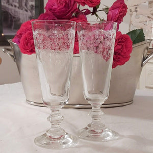 France Floral Etched Crystal Champagne Flutes set of 4 on styled French table