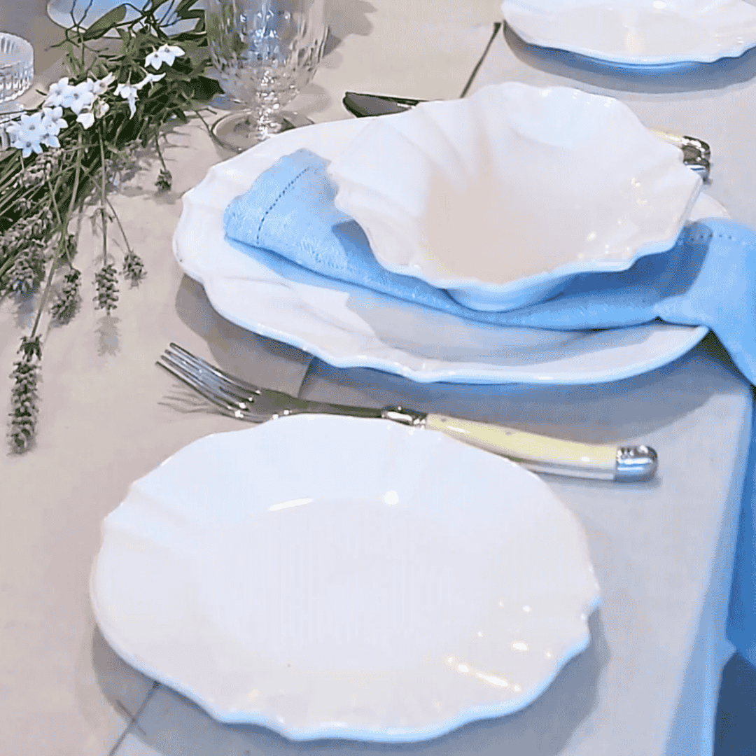 French Country Vienna Dinner Set with Laguiole Cutlery and Persian Blue linen napkins