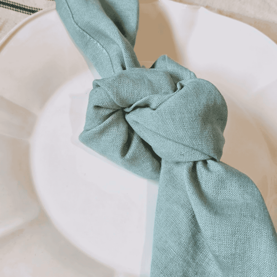 Provence Mint Linen Napkins tied in a knot on a white Vienna Dinner Plate