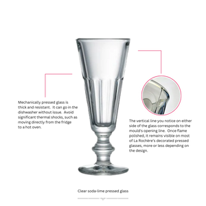 Clear pressed La Rochere Champagne Flute with text on mechanical pressing and care instructions.