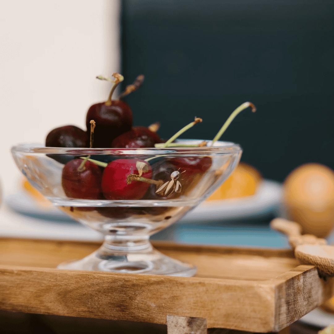 La Rocheree Bee Glass Desseert Cup filled with cherries