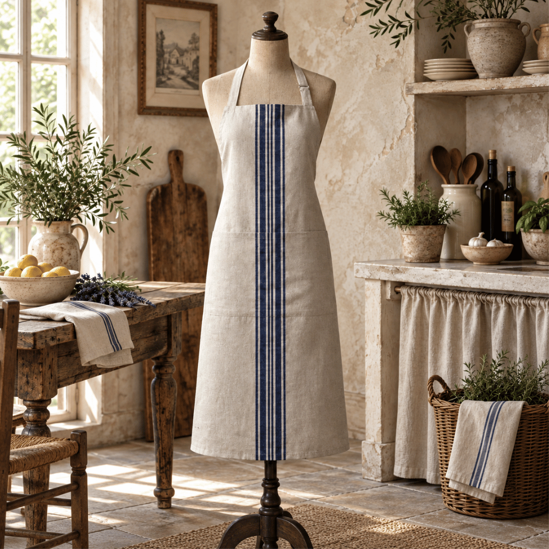 Aubrac French Grain Stripe Cotton Apron in rustic kitchen setting - Blue Denim