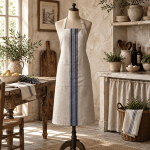 Aubrac French Grain Stripe Cotton Apron in rustic kitchen setting - Blue Denim