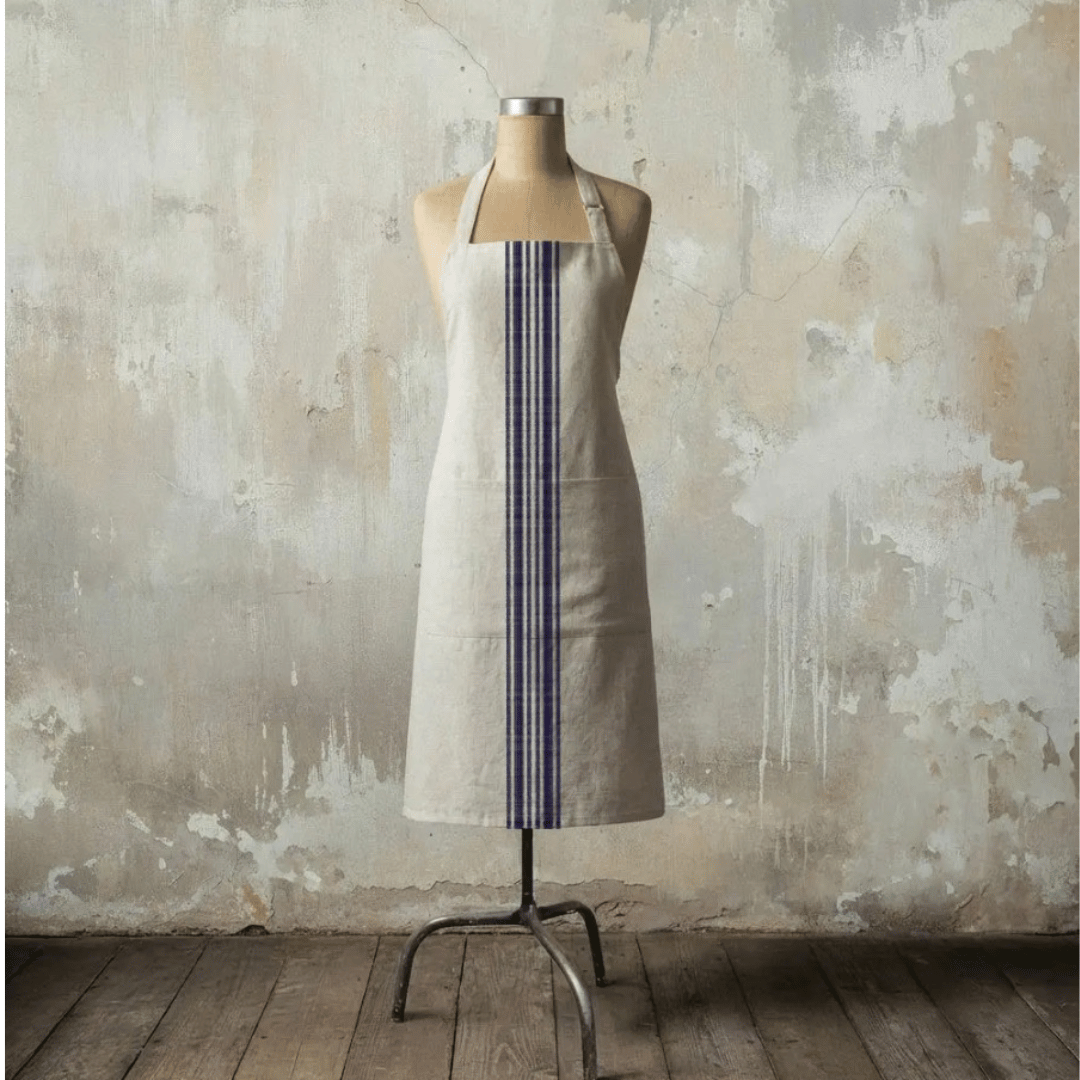 Aubrac French Grain Stripe Cotton Apron in rustic kitchen setting - Blue Denim