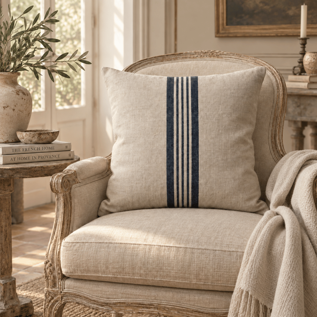 Aubrac Square French Grain Stripe Cushion styled on french chair - Blue denim Stripe
