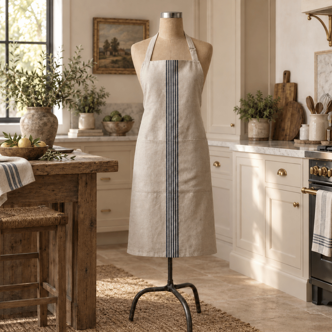 Avignon French Grain Stripe Cotton Apron in rustic kitchen setting