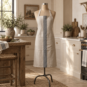 Avignon French Grain Stripe Cotton Apron in rustic kitchen setting