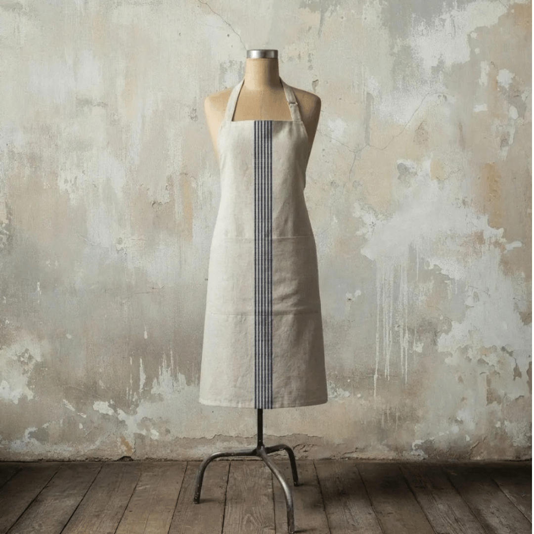 Avignon French Grain Stripe Cotton Apron in rustic kitchen setting