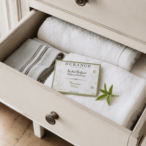 A Durance Scented envelope nestled inside an open, distressed cream-colored wooden drawer, surrounded by folded white towels and a small green Verbena leaf.