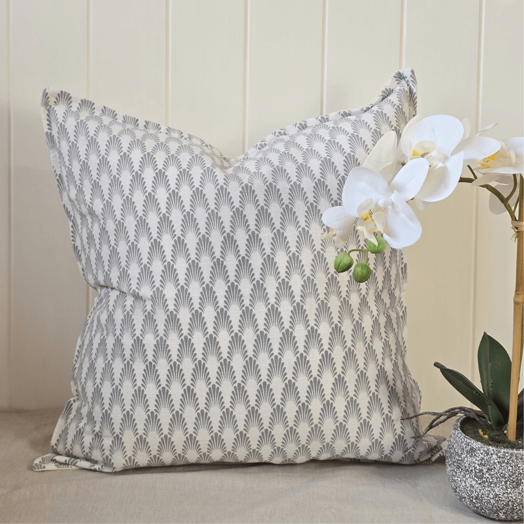 Éventail Linen Blend Cushio - Blue and white - styled with orchid