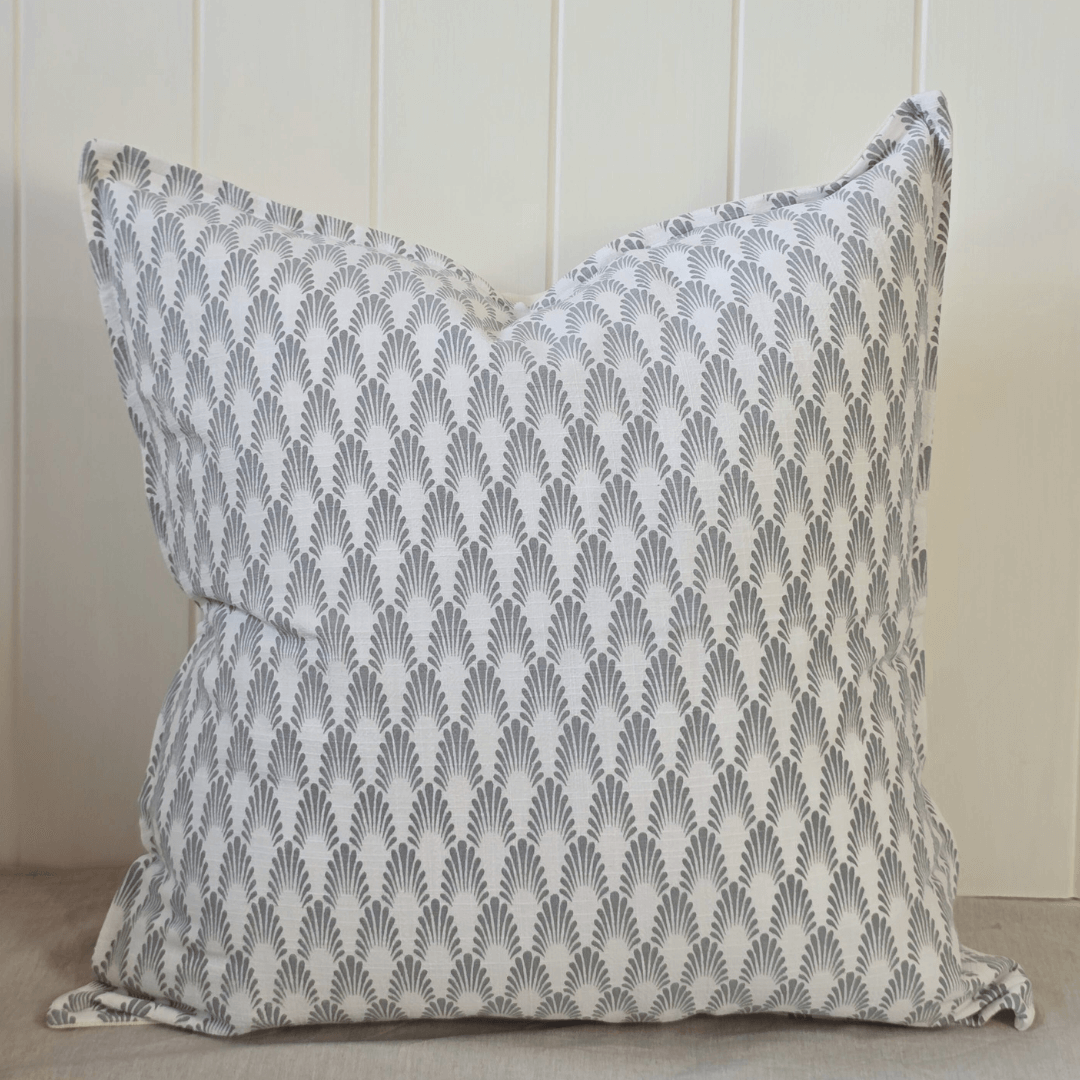 Éventail Linen Blend Cushio - Blue and white - styled with orchid