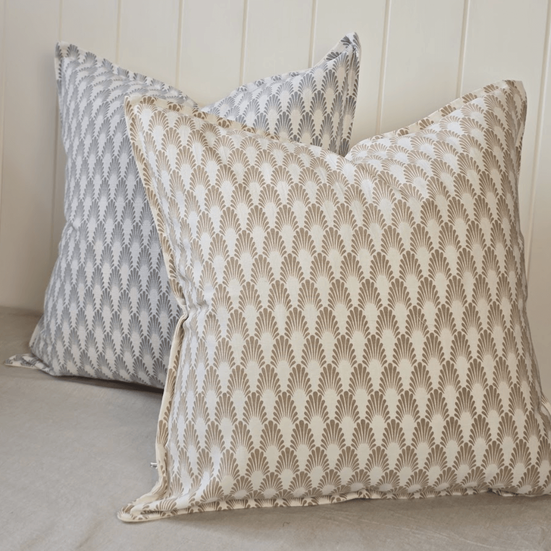 Éventail Linen Blend Cushions - Blue and white  with taupe and white
