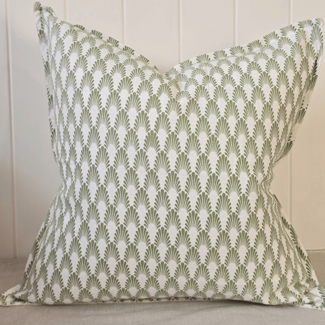 Green Evantail Cushion - Duck Feather Filled 50x50cm styled with Orchid