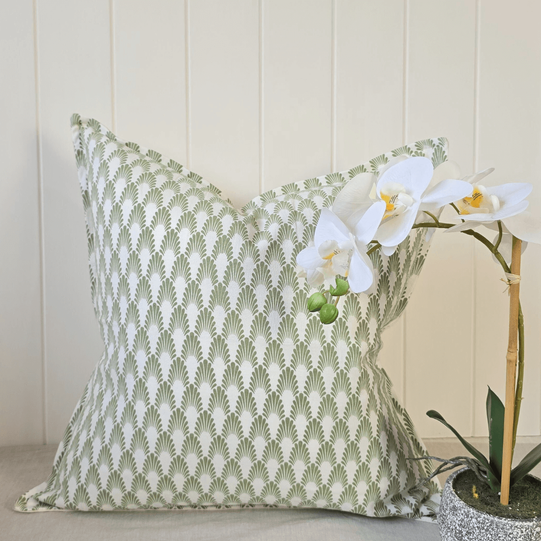 Green Evantail Cushion - Duck Feather Filled 50x50cm styled with Orchid
