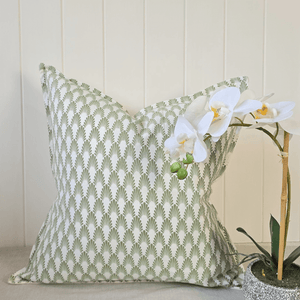 Green Evantail Cushion - Duck Feather Filled 50x50cm styled with Orchid