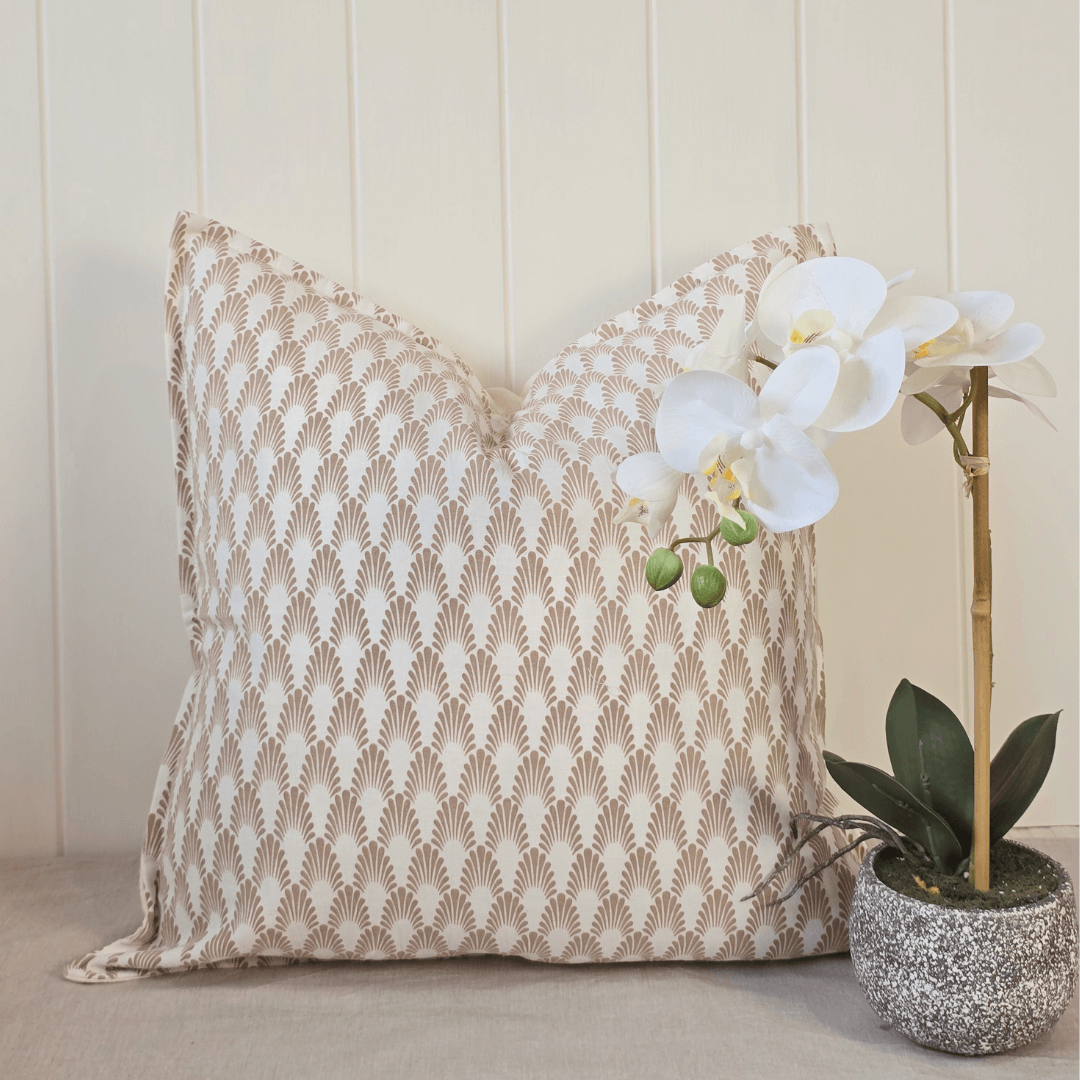 Éventail Linen Blend Cushion - Taupe - styled with Orchid