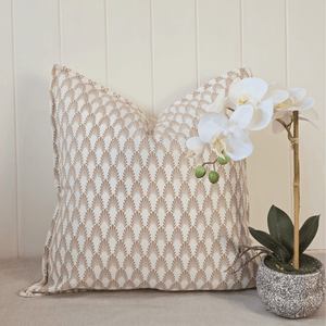 Éventail Linen Blend Cushion - Taupe - styled with Orchid