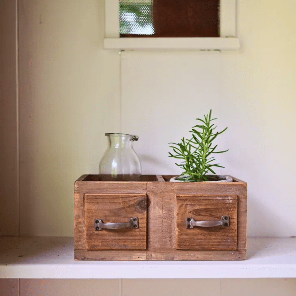 Maison de Provence Organiser in use, holding plant and trinkets in a softly lit room.