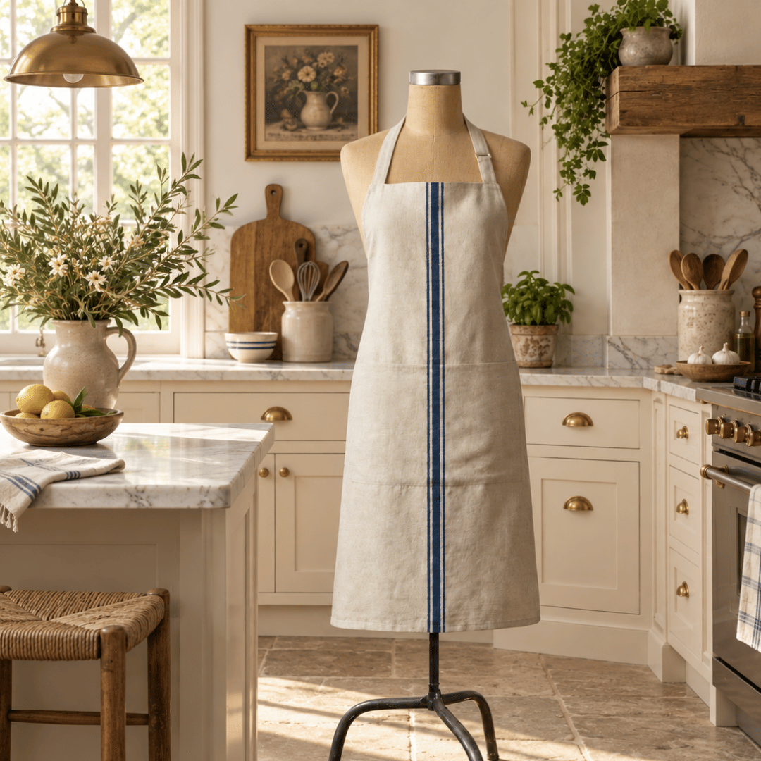 Luberon French Grain Stripe Cotton Apron in rustic kitchen setting - blue stripe