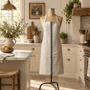 Luberon French Grain Stripe Cotton Apron in rustic kitchen setting - blue stripe
