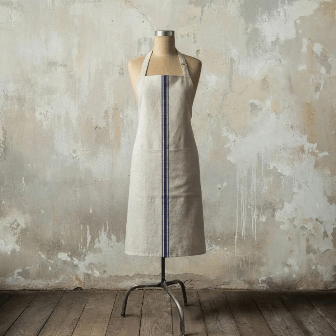 Avignon French Grain Stripe Cotton Apron - Blue Denim
