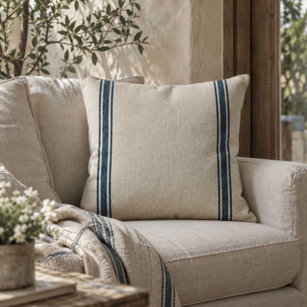 Luberon Square French Grain Stripe Cushion - Navy Denim Stripe on arm chair.