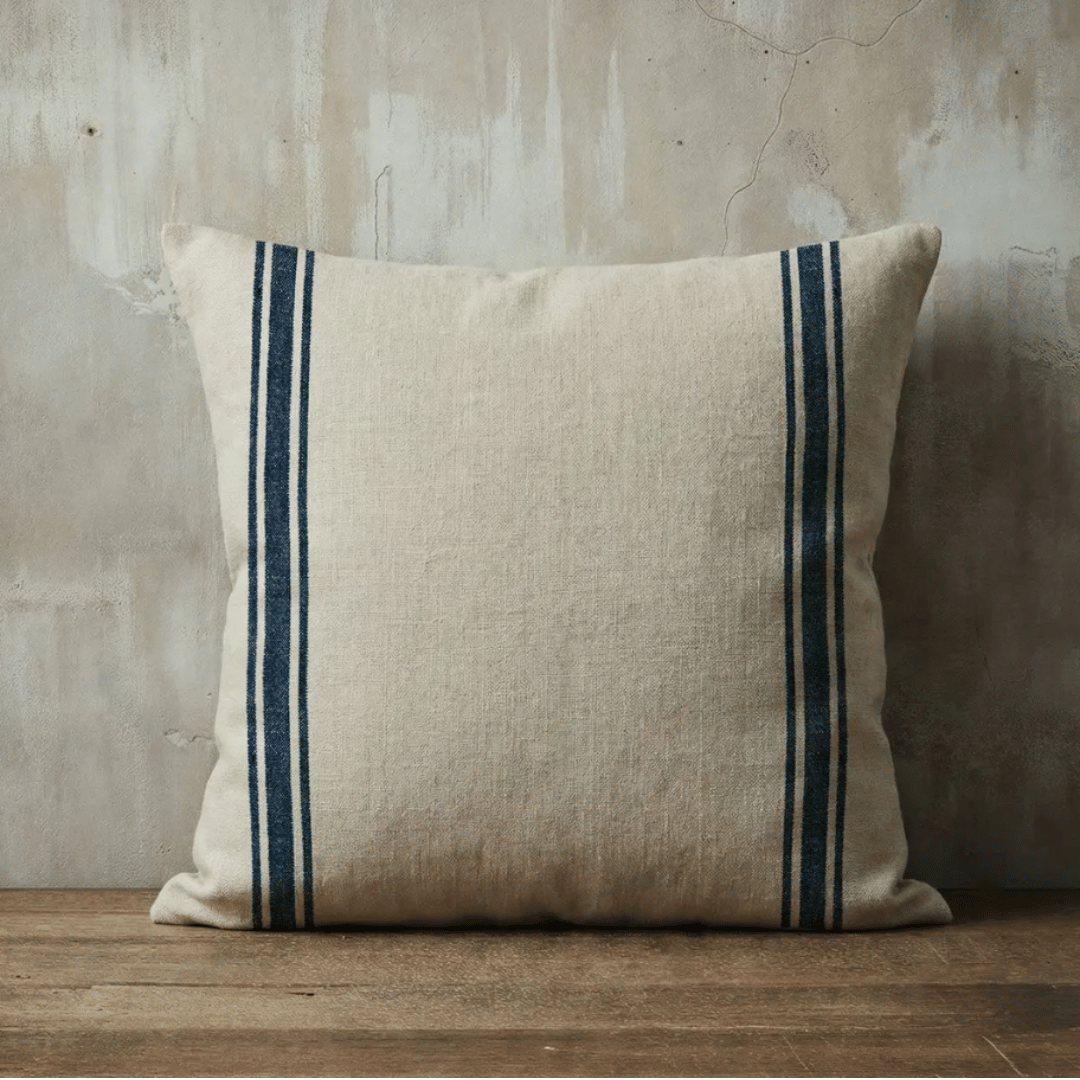Luberon Square French Grain Stripe Cushion - Navy Denim Stripe on arm chair.