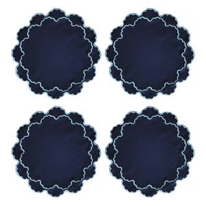 Four navy blue placemats with embroidered scalloped edges .  Malmaison - Luxe & Beau - Versailles Embroidery Heirloom Placemats - Navy