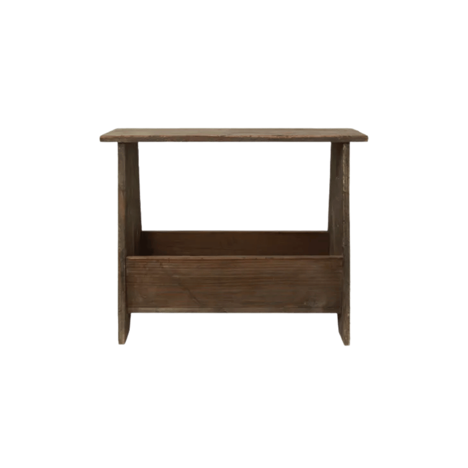 Rustic wooden stool with built-in holder for magazines, books or small garden tools.