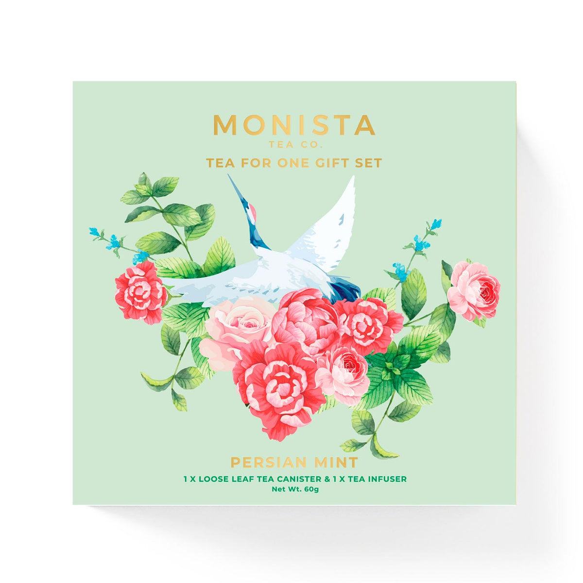 Monista tea gift set packaging with floral design and text on a light green background