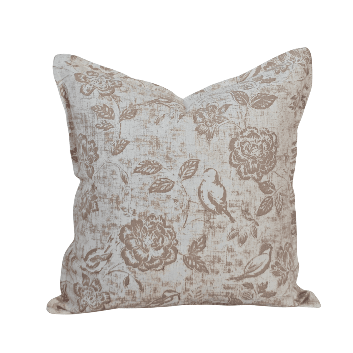 Square linen cushion featuring birds and flowers