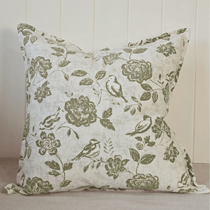 Oiseaux Botanique Linen Blend Cushion - Olive Green - feather filled